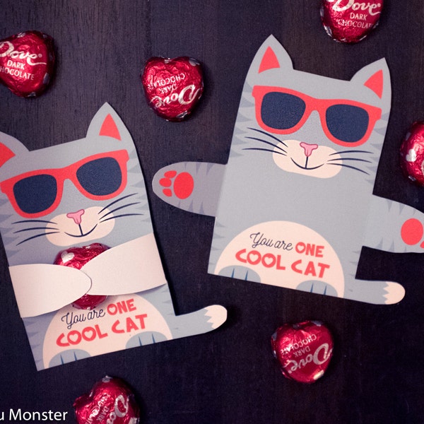 Grey Cool Cat Valentine Classroom Candy Hugger valentines gray kitten individual candy valentine card Valentine's day chocolate holders
