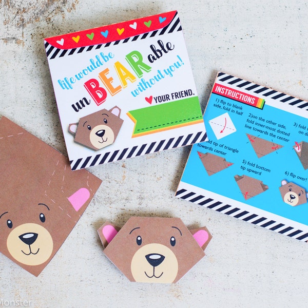 INSTANT DOWNLOAD printable origami bear valentine kit with bag topper and DIY foldable bear face with envelope non candy Valentine's day