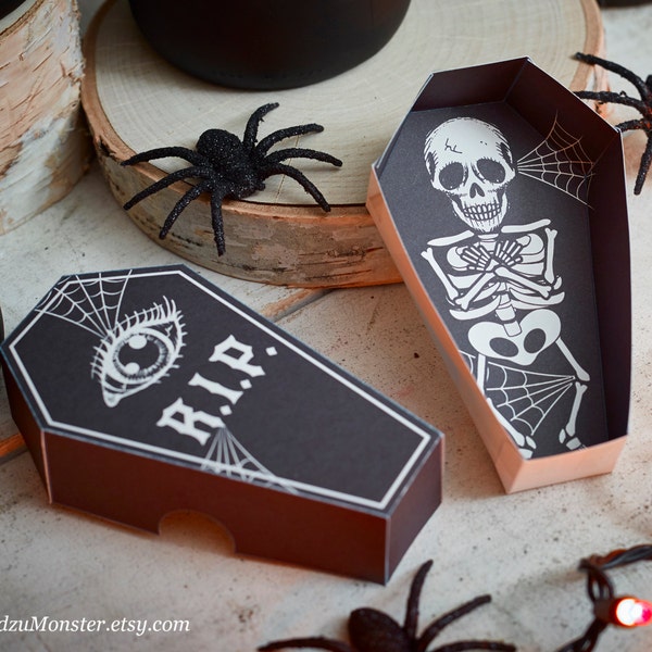 Halloween printable coffin party favor boxes DIY containers for candy or toys skeleton RIP spooky black print at home box classroom handout