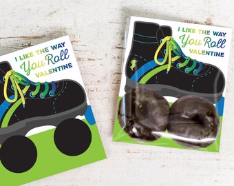 INSTANT DOWNLOAD printable roller skate valentine card roller derby roller hockey print out for small donuts or cookies cute eighties theme