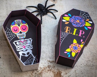 Halloween Sugar Skull Day of the Dead printable coffin party favor boxes Dia de los Muertos bright pink girly print at home DIY for candy