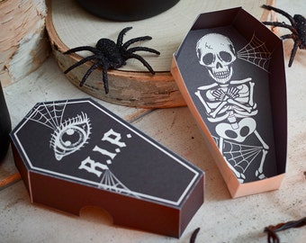 Halloween printable coffin party favor boxes DIY containers for candy or toys skeleton RIP spooky black print at home box classroom handout