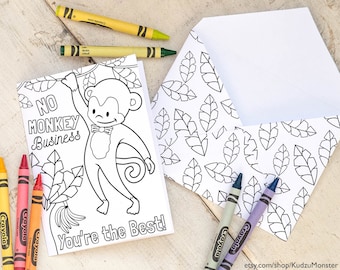 INSTANT DOWNLOAD Teacher Appreciation Coloring page monkey greeting card printable craft activity. "No monkey business You're the best!"