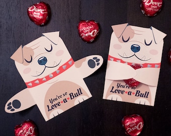 Bulldog Puppy Classroom Candy Holder valentines English Bulldog dog individual candy valentine card Valentine's day chocolate heart holders