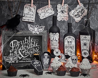 Halloween Printable Party Decor kit with cupcake wrapper and cupcake toppers, apothecary bottle labels, art print, party favor coffin boxes