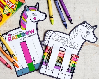 Rainbow Unicorn Valentines Printable DIY Instant Download crayon holder and coloring page activity Non candy valentine idea fun craft