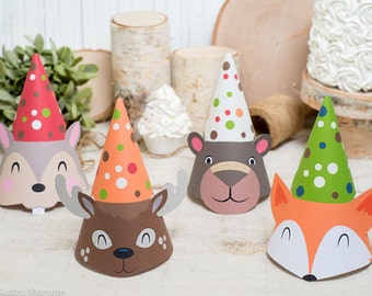 woodland animals Party Hat kit Fox party hat, Deer party hat, squirrel/chipmunk hat, and Brown Bear hat with ears and antlers that pop out