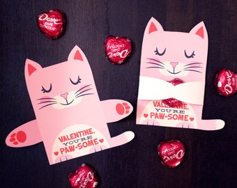 Pink Cat Valentine Classroom Candy Hugger valentines cute girly kitten individual candy valentine card Valentine's day chocolate holders