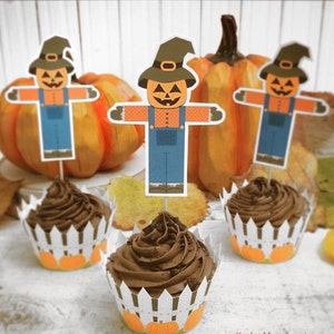 Halloween Printable cupcake wrappers and cupcake toppers Scarecrow Pumpkin Jackolantern fall harvest festival cute not scary autumn decor image 1