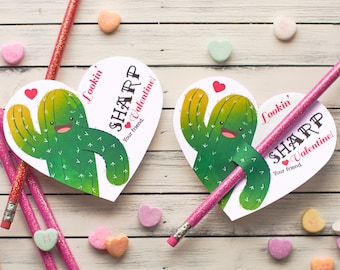 Cactus Valentines Succulent Heart Pencil Holder Cute Classroom Valentine Card for Kids Valentine's Day Looking SHARP Original Illustration