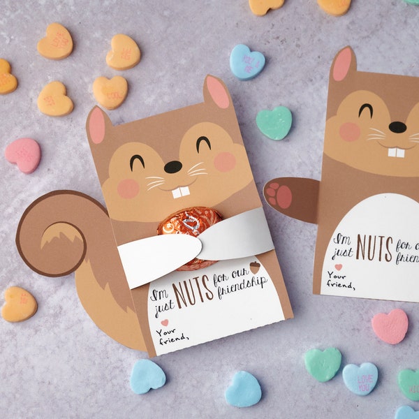 Printable Squirrel Valentines Hugger for small toy, sucker, chocolate, eraser, and more Instant Download DIY woodland valentine's day gift