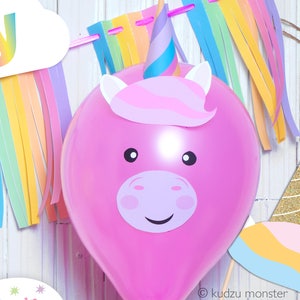Cute Unicorn Printable Balloon Face and 3D horn DIY Instant Download File Cut Out and tape to balloon for Rainbow Unicorn Birthday Party image 1