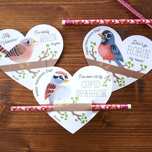 Crayon d'observation des oiseaux en forme de coeur troglodyte de la Saint-Valentin, rouge-gorge et moineau, téléchargement immédiat Saint-Valentin sans sucrerie, impression mignonne à faire soi-même à la maison
