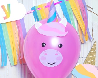 Cute Unicorn Printable Balloon Face and 3D horn DIY Instant Download File Cut Out and tape to balloon for Rainbow Unicorn Birthday Party