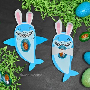 Hai Osterkarte Candy Hugger Lustige Haie mit Osterhasenohren Einzigartige DIY Download Druckfertige Hält einzelnen Süßigkeits-Ei Ostern Korbfüller