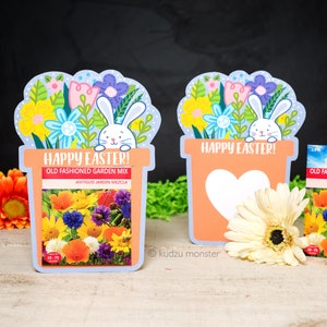 Cartão para impressão em vaso de flores de coelhinho da Páscoa para guardar pacotes de sementes como um presente exclusivo de primavera Sementes de cenoura, sementes de flores DIY jardinagem primavera