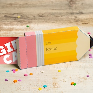 Teacher Appreciation Pencil printable gift card box holder or party favor boxes DIY craft containers for teachers cute foldable giftcard box