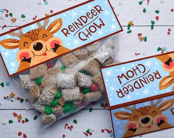 Printable Reindeer Chow treat bag topper | Christmas party favor | Homemade treats | Muddy buddies trail mix gift bag | instant download