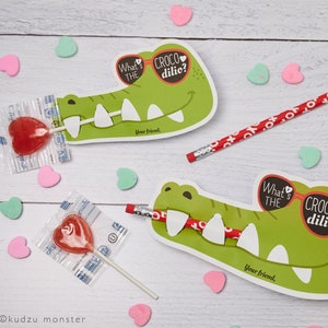 Crocodile Valentines Printable DIY Instant Download Pencil or Lollipop Candy holders gator teeth unique Valentine's day cards for school