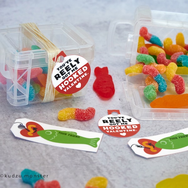 Mini Tackle Box Valentine Printable Gift Tags Fish and Bait Bobber tags for gummy worms candies Classroom valentines DIY instant download