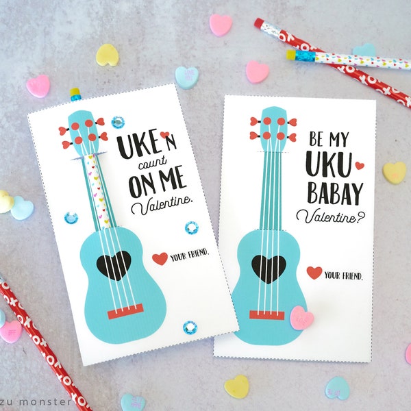 Ukulele Valentine Printable INSTANT DOWNLOAD Pencil Holder Classroom Valentines Treat Candy Bag Topper cute Hawaiian valentine print at home