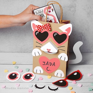 Cat Valentine Bag or Box Printable Decor Kit 3D snout, paws, tail, sunglasses, 3D Bowtie DIY kitty mailbox for school valentine's cards