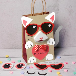 Cat Valentine Bag or Box Printable Decor Kit 3D snout, paws, tail, sunglasses, 3D Bowtie DIY kitty mailbox for school valentine's cards image 4