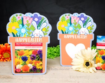 Easter Bunny Flower Pot Printable Card to hold seed packets as a unique Spring time gift Carrot seeds, flower seed DIY gardening springtime
