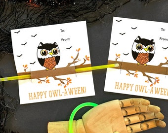 Owl Glow Bracelet or Pencil Holder - Owl Halloween Party Favor - Printable Card - Instant Download - Trick or Treat