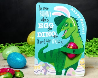 Dinosaur Easter Card Candy Hugger Oviraptor with Easter Bunny Ears Funny Unique Printable to Hold Single Candy Egg Boy Easter Basket Filler