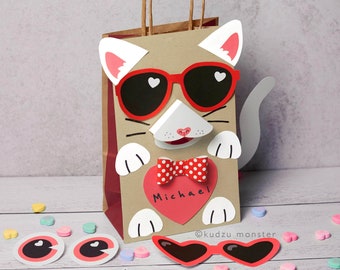 Cat Valentine Bag or Box Printable Decor Kit 3D snout, paws, tail, sunglasses, 3D Bowtie DIY kitty mailbox for school valentine's cards