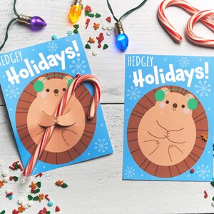 Cartões imprimíveis de Hugger do bastão de doces do ouriço | Download instantâneo de cartões de Natal para bastões de doces ou lápis de Natal | Cartões de Natal infantis fofos