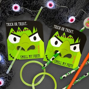 Afdrukbare Frankenstein neus potlood knuffelaar, pixie stick, gloed armband houder kaarten - Halloween feest gunst - instant download afdrukbaar