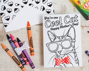 Cool Cat INSTANT DOWNLOAD Mother's Day Coloring page activity striped kitty sunglasses printable greeting card boston terrier 3D bowtie