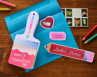 Art Valentines Cute Paintbrush Valentine's Day Folding Cards mailable Non Candy Valentine for little Artists DIY Printable Easy Fun