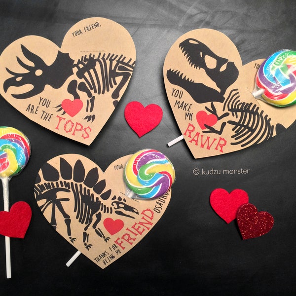 Dinosaur Fossil Valentines Printable DIY Instant Download Sucker Lollipop Holder T Rex Stegosaurus Triceratops Valentine's day card hearts