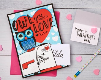 Owl Valentine Card Printable DIY Instant Download with Cute Mini Card and Envelope for a Personalized Message to put Inside Mailbox