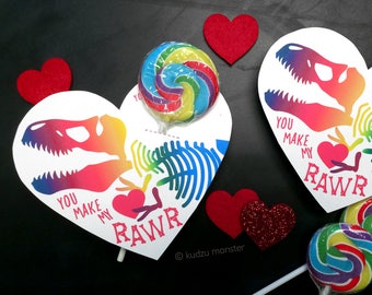 Rainbow Dinosaur Skull Fossil Valentines Printable DIY Instant Download Sucker Holder Colorful Lollipop T Rex Valentine's day card hearts