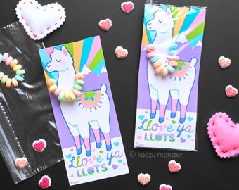 Llama Llove ya Llots Printable Valentine card for candy necklace Cut girly rainbow valentine alpaca candy bracelet jewelry unique DIY cards