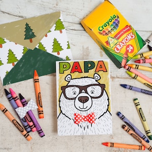 Carte de fête des pères à téléchargement immédiat OURS PAPA, carte à colorier avec noeud papillon 3D, bricolage pour enfants, activité manuelle pour la fête des pères, imprimable