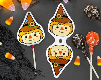印刷可能なかかしの吸盤カバー - かわいいかかしのロリポップ人形 - DIY ハロウィーン クラフト - すぐにダウンロードできるパーティーの記念品