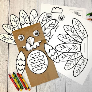 Printable Turkey Puppet Coloring Activity | Fun Kids Craft for Thanksgiving | Paper Lunch Sack Puppet | Brown Paper Bag Thanksgiving Puppet