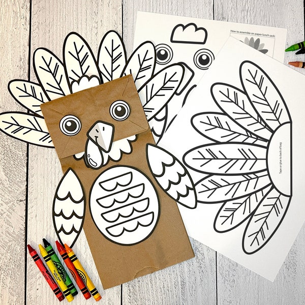 Printable Turkey Puppet Coloring Activity | Fun Kids Craft for Thanksgiving | Paper Lunch Sack Puppet | Brown Paper Bag Thanksgiving Puppet