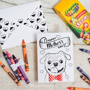 Carlin illustré TÉLÉCHARGEMENT INSTANTANÉ Fête des Mères Coloriage activité chien carte de voeux imprimable avec noeud papillon 3D en option