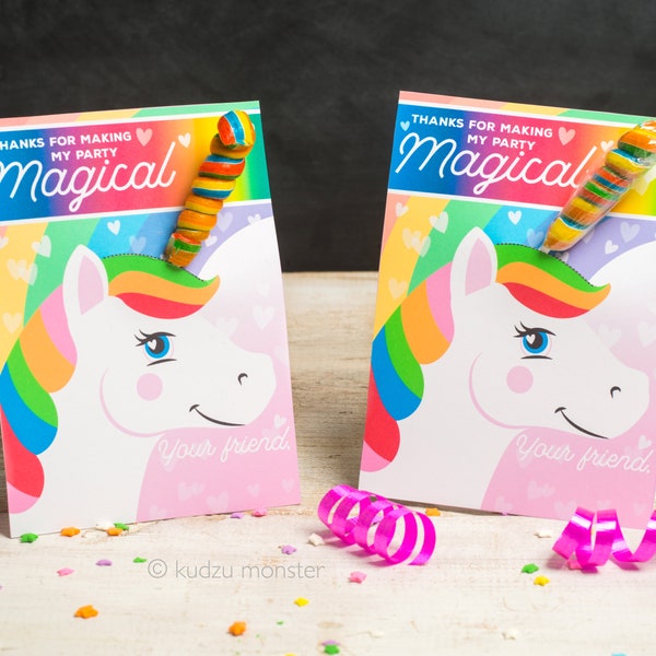 Unicorn Horn Birthday Party Favor Cards Twisty Rainbow Lollipop Sucker Cute Girly Sparkles and Hearts Printable DIY Easy Sucker Holder