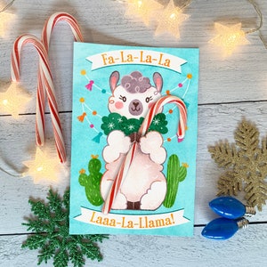 Fa La Llama Candy Cane Hugger Card - Mignon Animal Holiday Printable Treat Holder - Instant Holiday Party Favor - DIY School Christmas Party