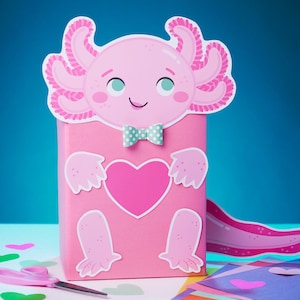 Axolotl Valentine Box Kit | printable DIY mailbox for Valentine&#39;s Day cards | Easy print + fold decor craft | school kid valentine