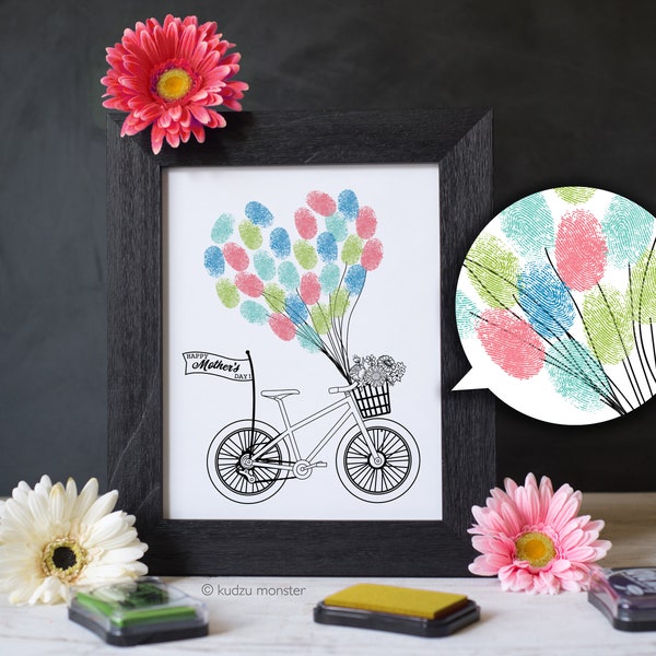 Mother's Day Finger Paint Art Printable Balloons and Bicycle DIY Kid's Art Activity Fingerprints Ink Pad Interactive 8x10 in Art work Print