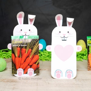 May include: Two white bunny-shaped cardstock holders with pink ears and paws. One bunny holds a seed packet for "Carrot Short 'n Sweet" and the other bunny has a pink heart on its chest.