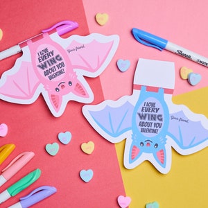 Bat Valentines Pencil/Pen Holder cards | Printable Cute Pink and Blue Bat Kid Valentine Cards | Instant Download Print from Home